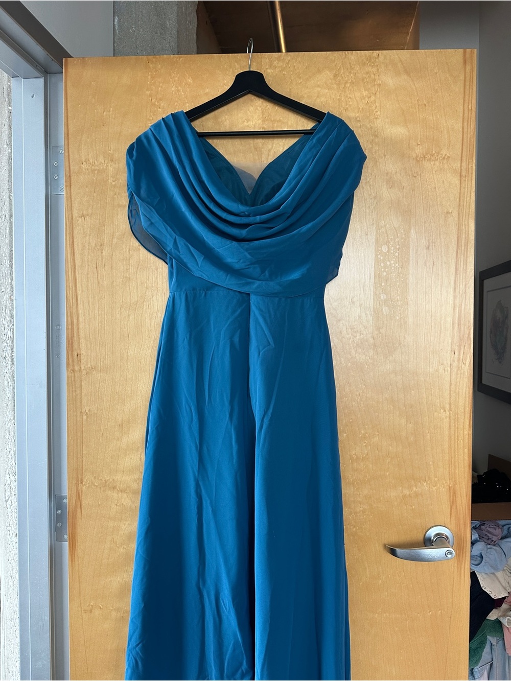 Mondressy Teal Draped Off-Shoulder Evening Dress, size 10, NWT